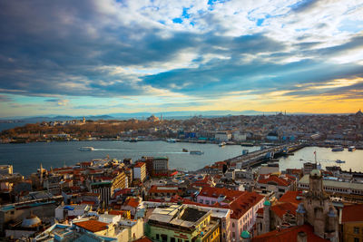 High angle view of buildings and sea against sky