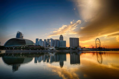 City at waterfront during sunset