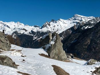 Scenic view of snowcapped mountains against clear sky