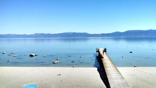 Scenic view of lake against clear blue sky