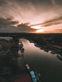 High angle view of sea against sky during sunset