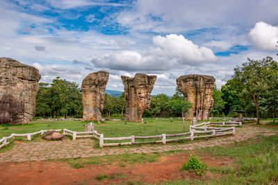 View of old ruins against cloudy sky