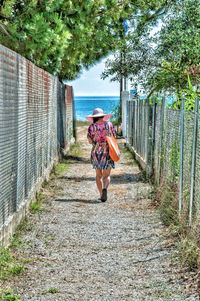 Rear view of woman wearing sun hat walking on walkway during sunny day