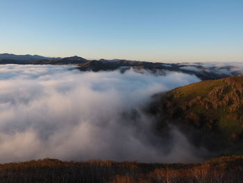 Scenic view of mountains against sky during sunset