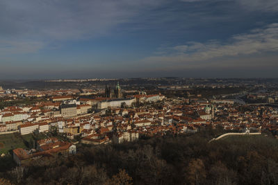 High angle shot of townscape against sky