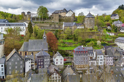 Church on markt square in monschau city center, germany