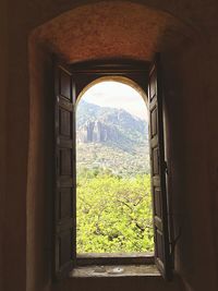 Trees and mountains seen through house window