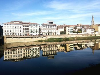 Reflection of buildings in city against sky