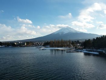 Scenic view of lake by snowcapped mountains against sky