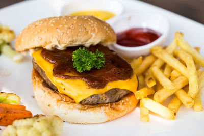 Close-up of burger on plate