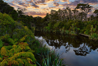 Scenic view of lake against sky at sunset