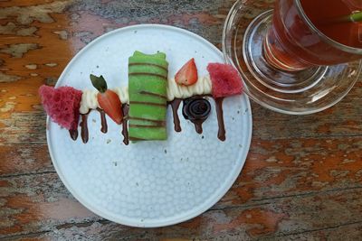 High angle view of dessert on table