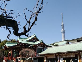 Low angle view of built structure against clear blue sky