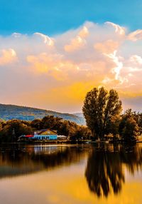 Trees by lake against sky during sunset