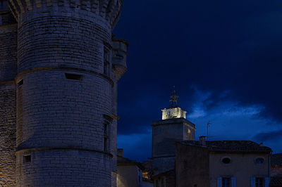 Low angle view of cathedral against sky at night