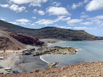 Scenic view of sea and mountains against sky