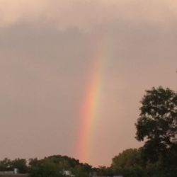 Low angle view of rainbow against sky at sunset