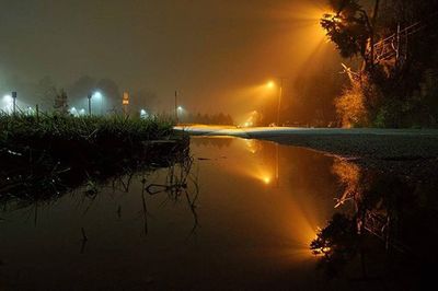 Reflection of trees in water at sunset