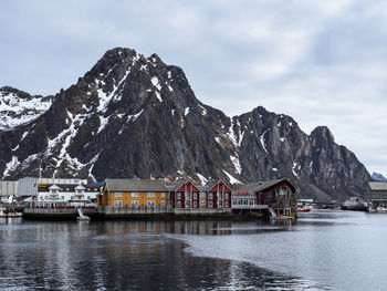 Traditional waterfront buildings on the rocky coast at svolvaer, lofoten islands, norway