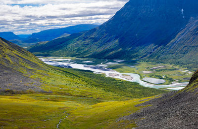 A beautiful summer landscape with rapa river rapadalen in sarek national park in sweden.