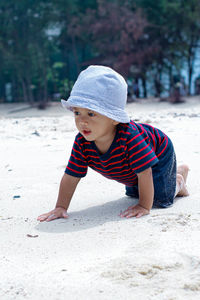 Cute boy playing on land