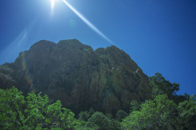 Low angle view of mountain against blue sky