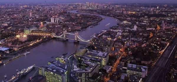 High angle view of illuminated city