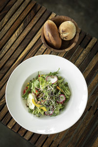 High angle view of food in plate on table