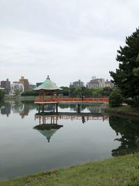 Reflection of building in lake against sky