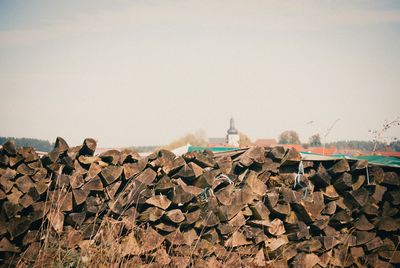 Stack of log of wood against clear sky