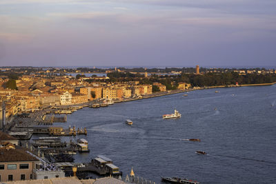 Aerial panoramic view of venice and the lagoon from the top of campanile di san marco 