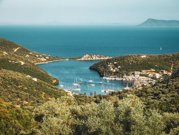 High angle view of bay against sky