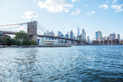 Bridge over river by buildings against sky