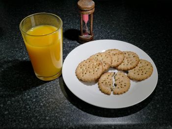 High angle view of breakfast served on table