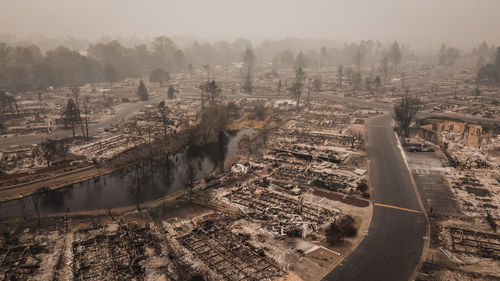 Aerial view of ruined mobile home park after the almeda wildfire in southern oregon talent phoenix 