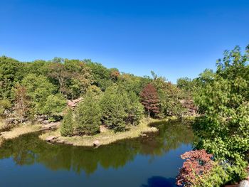 Scenic view of lake against clear blue sky