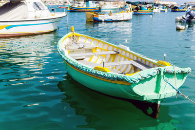 High angle view of boats moored on sea