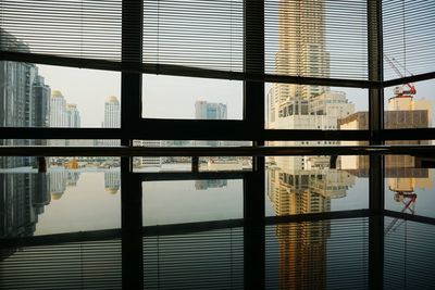 Modern buildings seen through office window