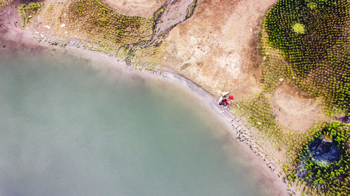 High angle view of man surfing in water