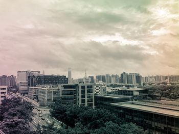 High angle view of buildings against sky