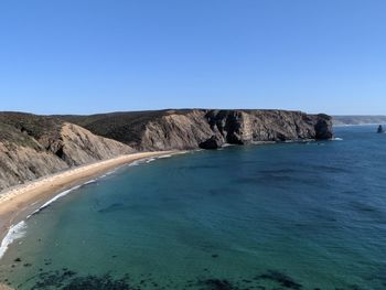 Scenic view of sea against clear blue sky