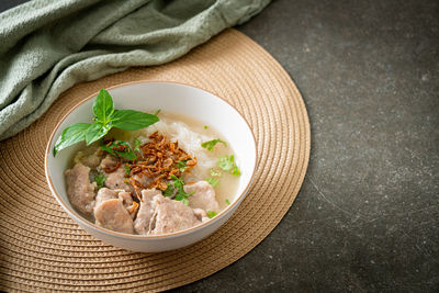 High angle view of food in bowl on table