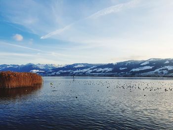 Scenic view of lake by snowcapped mountains against sky