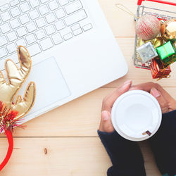 High angle view of coffee cup on table