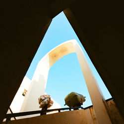 Low angle view of birds perching on ceiling