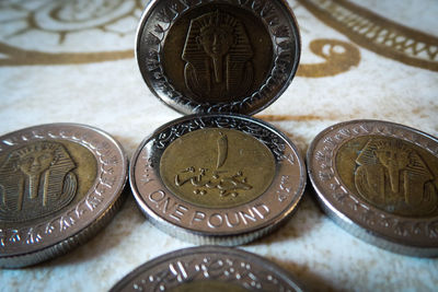 Close-up of coins on table