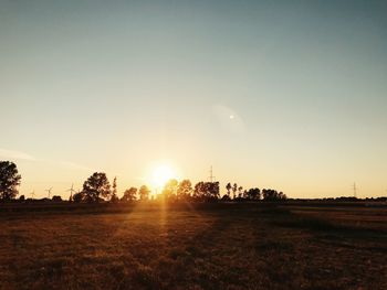 Scenic view of field against clear sky during sunset