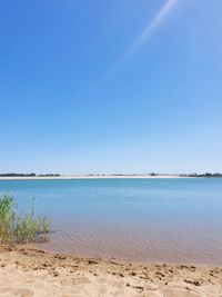 Scenic view of sea against clear blue sky