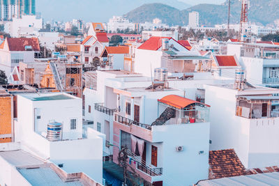 High angle view of houses in city