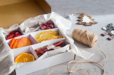 High angle view of breakfast on table